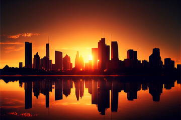 Fototapeta na wymiar View of a city skyline at sunrise