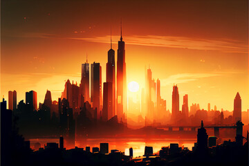 Fototapeta na wymiar View of a city skyline at sunrise
