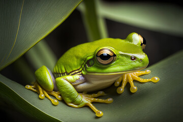 On green foliage, a white lipped tree frog. Litoria infrafrenata, a tree frog with white lips. Generative AI