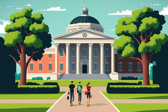 Students may be seen strolling across the campus's open space and relaxing on the lawn. Traditional college or university building with columns and a front yard. Image in format. Generative AI