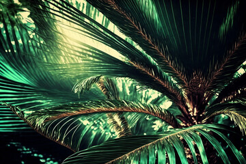 palm tree leaves with sun shining through made by generative ai