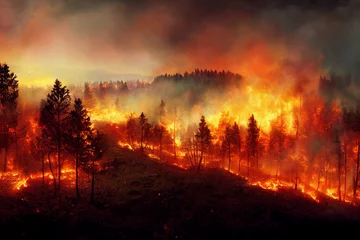 Tuinposter Forest fire disaster illustration, trees burning at night, wildfire nature destruction, damaged environment caused by global warming, Generative AI © annzabella