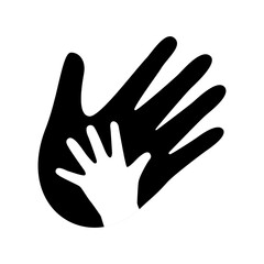 Adult and child hands simple graphic icon vector. Helping hand graphic design element isolated on a white background. Parent hand and child hand black and white vector