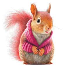 Cute adorable squirrel wearing a pink sweather on a transparant background
