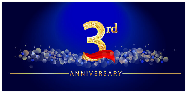 3 anniversary celebration. 3rd anniversary celebration.   3 year anniversary celebration logo with glitter, confetti, red ribbon and blue background.