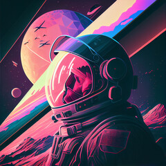 Colored astronaut, space and spaceship illustration.