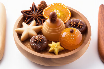 Christmas themed balls on a white backdrop with a wooden tray with cinnamon sticks and star anise. superb photograph. Generative AI