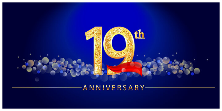 19 anniversary celebration. 19th anniversary celebration. 19 year anniversary celebration logo with glitter, confetti, red ribbon and blue background.
