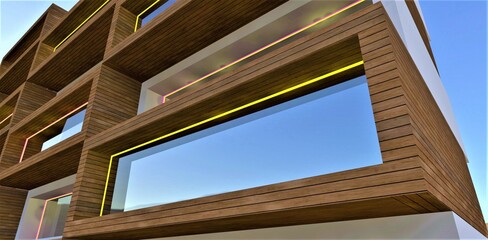 Obraz premium Design of the stylish window with yellow LED frame and heat saving glass reflecting blue sky. Facade board finishing. 3d rendering.