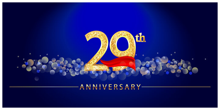 29 anniversary celebration. 29th anniversary celebration. 29 year anniversary celebration logo with glitter, confetti, red ribbon and blue background.