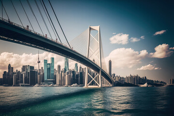 view of Hong Kong with skylines and bridges as seen from the sea. Generative AI