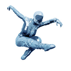 cosmonaut girl is doing a modern dance on white background