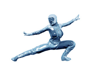 cosmonaut girl is doing a kung fu fighter pose on white background