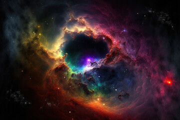 Fototapeta premium On a dark background, there is multicolored fractal nebula dust. Generative AI