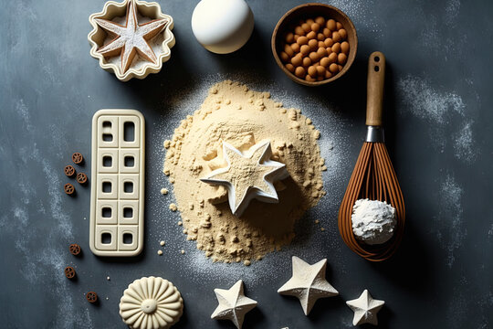 Ingredients and cookie cutters for gingerbread Cinnamon nuts, a snowman Christmas tree. Generative AI