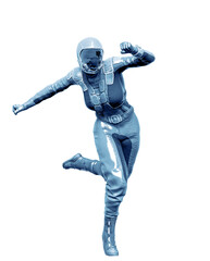 cosmonaut girl is running like a comic hero on white background