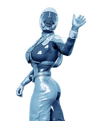 cosmonaut girl is waving good bye on white background