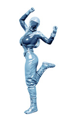 Fototapeta na wymiar cosmonaut girl is dancing in pin up pose on white background