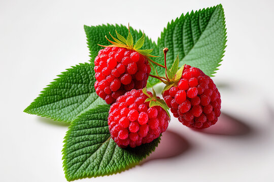 Red raspberries that are ripe are isolated on a white backdrop. Generative AI