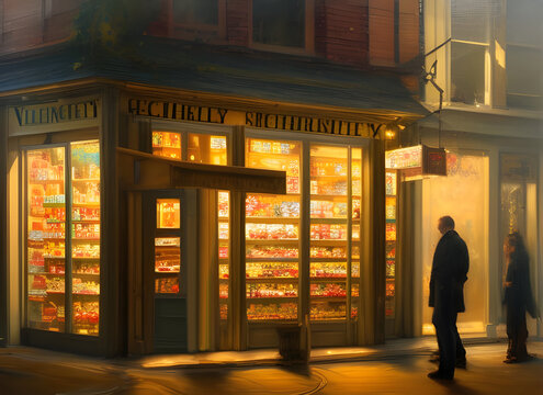 People Outside An Old Fashioned Candy Store Looking Through The Windows At Shelves With Jars Of Sweets And Confectionaries Illuminated At Night. Generative Ai Illustration.