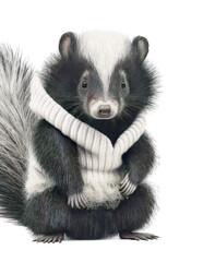 Cute adorable skunk wearing a sweather on a transparant background