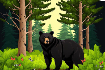 Black bear in the forest in the thumbnail. Generative AI - obrazy, fototapety, plakaty
