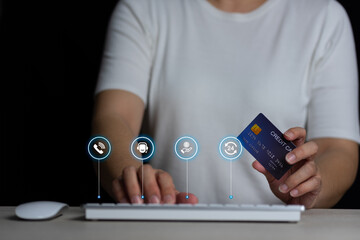 Businessman hand holding with icon mobile phone, mail, telephone and address. Customer service call center contact us concept