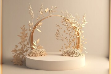 white beige yellow background, round display pedestal podium, flower trees branches, product item showcase template 3d illustration