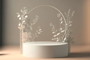 white round pedestal display podium, round stage, flower trees branches, gray background, product item showcase 3d illustration template