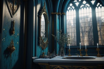 interior design of Gothic architecture Bathroom, vintage, velvet luxury, gothic windows, Blue velvet, Gold, ruby