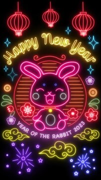 Vertical Happy Chinese New Year 2023, Year of the Rabbit animation, flickering colourful neon sign, pink cute Rabbit with New Year greetings on black background loop.