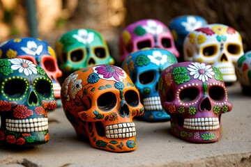 Fototapeta premium skulls made of colorful pottery. The day of the dead idea. traditional festival in Mexico. Generative AI