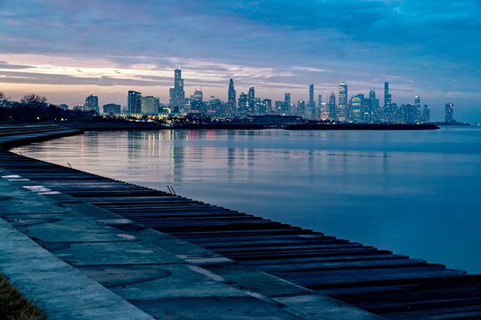 Downtown Chicago and Lake Michigan During the Blue Hour as viewed from just off of Lake Shore Drive near the 49th Street Beach