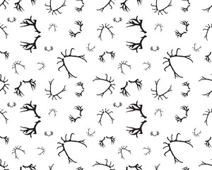 Fototapeta na wymiar Black silhouettes of different deer horns, seamless illustration on a white background