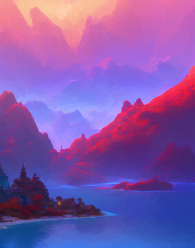 fantasy lake and mountains landscape generative AI computer generated stylized painting 