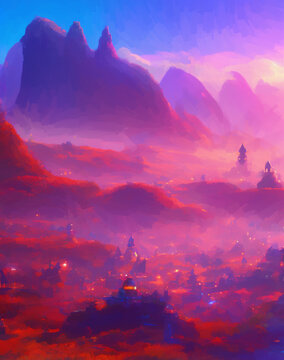 sunset over the mountains and fantasy city generative AI computer generated stylized painting landscape background