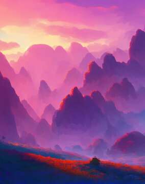 sunrise in the mountains generative AI computer generated stylized painting landscape background