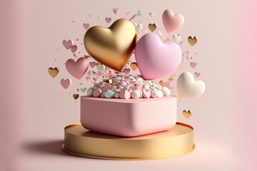 Happy valentines day podium decoration with heart shape balloon, gift box, confetti, Illustration stock photo Valentine's Day