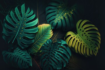 Dark green tropical leaves colorful neon light, backlight, leaves composition, plant background, manstera, palm leaves
