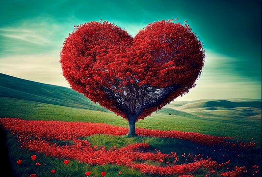 field of poppies with heart tree, generated image
