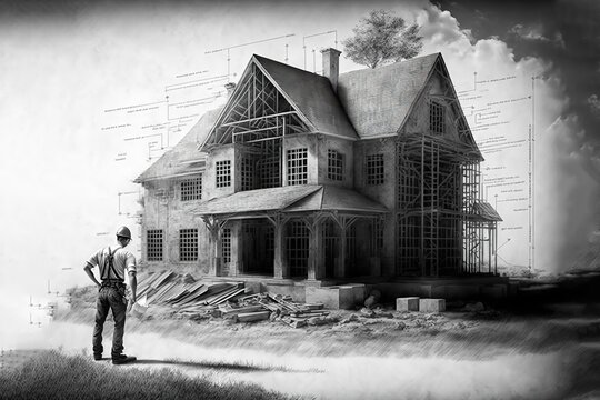 building house on blueprints with worker - construction project