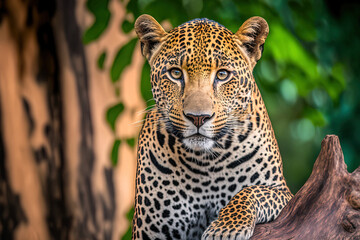 a savage jaguar perched on a tree. Generative AI - obrazy, fototapety, plakaty