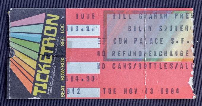 San Francisco, California - November 13, 1984 - Old used ticket for the concert of Billy Squier at the Cow Palace