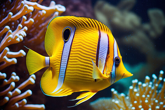 Beautiful fish on the seafloor and coral reefs are the copperband butterflyfish and chelmon rostratus marine species. Generative AI