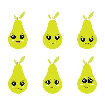 A set of vector illustrations of pear with different emotions.