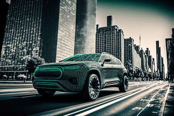 Wireframe automobile design in motion on a road with a future metropolis in the distance. SUV automobile from the front. Professional representation of a custom designed, generic, nonexistent automobi