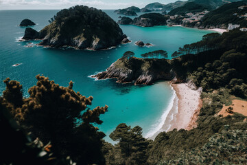 Fototapeta premium A view of Orio Beach seen from above on a June trip from San Sebastian. Generative AI