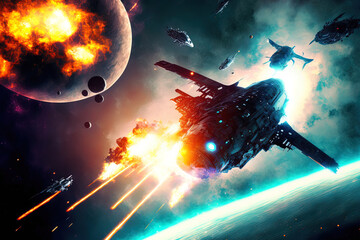 Space combat between battle cruisers and spacecraft with laser fire, sparks, and explosions A military installation is being attacked by space fighters. Generative AI