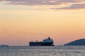Fototapeta na wymiar Oil tanker at maritime terminal on Sao Sebastiao city, coast of Brazil
