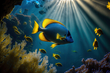 The sun's rays shine through the sea's clear blue surface, illuminating predatory tropical fish as they swim against it. Generative AI